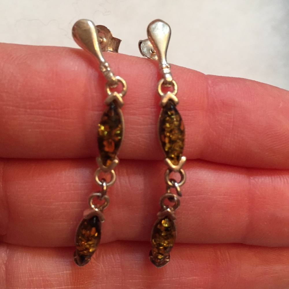 EARRINGS SILVER 925 STERLING YELLOW AMBER DROP PIERCED POST DANGLE